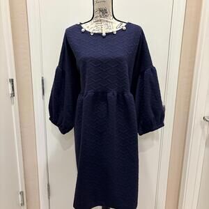 Navy Textured Dress with Pearl and Gem Neckline